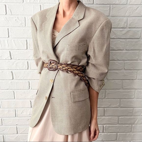 Vintage Jackets & Blazers - Vintage oversized beige grey wool silk check blazer coat jacket union made XL